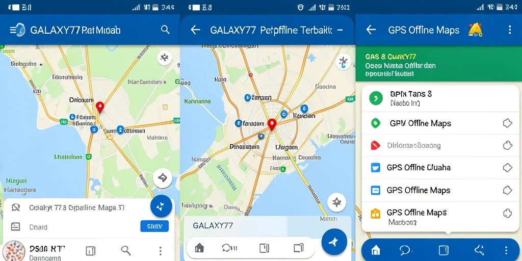 Tampilan antarmuka pengguna aplikasi GALAXY77 untuk navigasi GPS Offline.