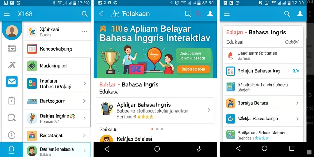 Antarmuka aplikasi X168 untuk belajar Bahasa Inggris yang interaktif.