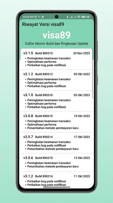 Tampilan riwayat versi visa89